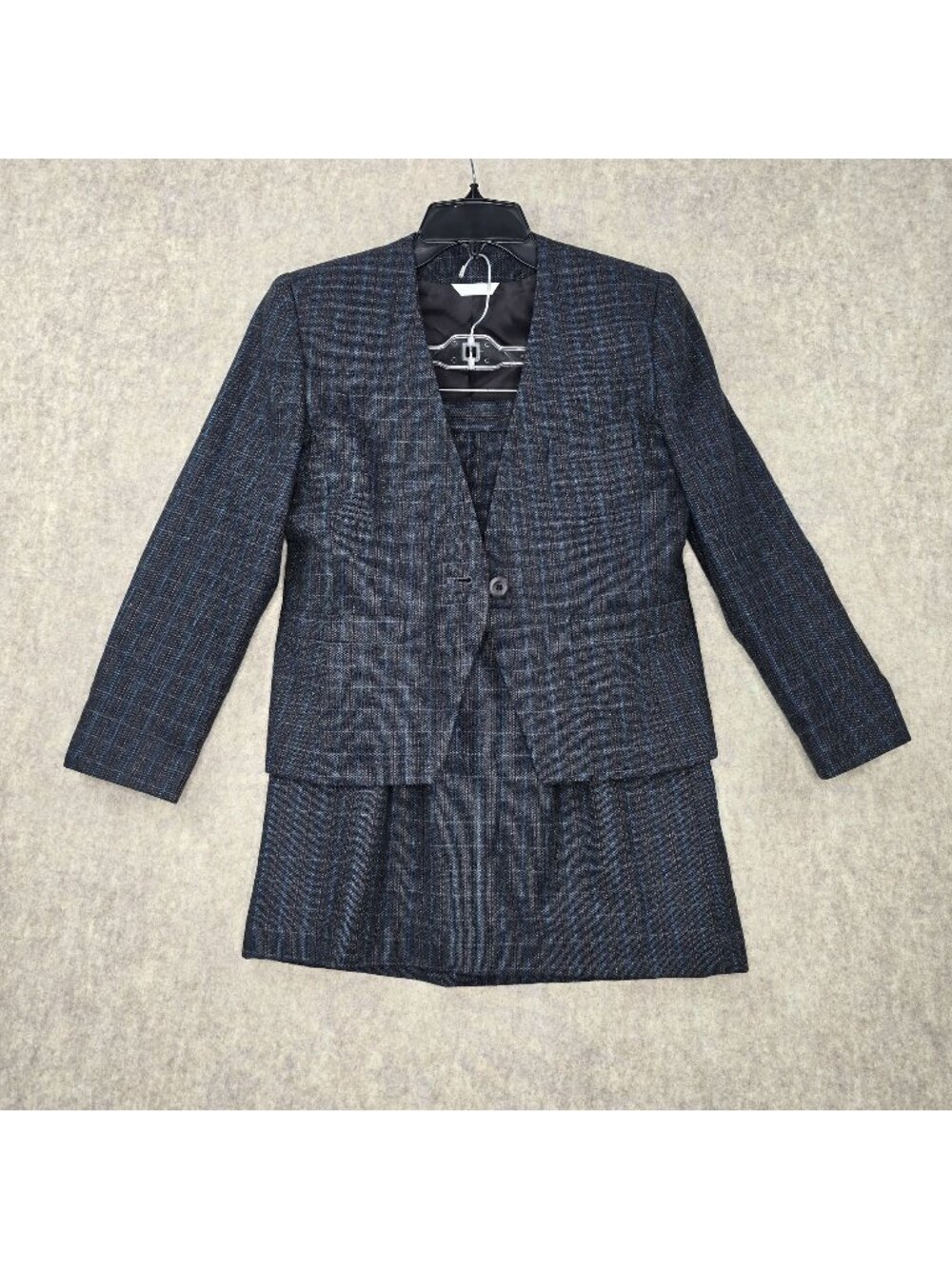 Mark Alexander Plaid Blazer Jacket & Skirt Set Gray Wool Blend Fully Lined